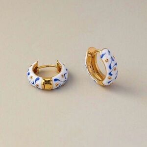 Gold-Plated White & Blue Enamel Hoop Earrings